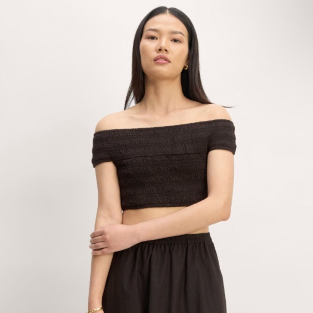 Everlane The Gauze Smock Off the Shoulder Crop Top in Black Sz L NEW‎